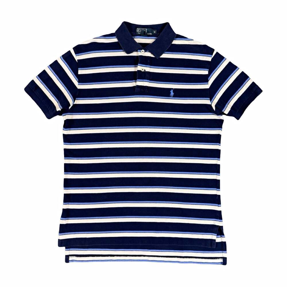 Vintage Polo Ralph Lauren Men’s Striped Cotton Knit Polo Shirt Navy Size M